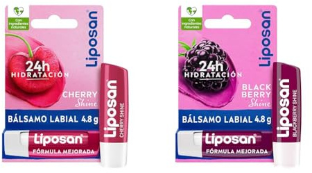 Pack Liposan Cherry Shine (1 x 4,8 g), cacao de labios con olor a cereza, bálsamo labial con color + Liposan Blackberry Shine (1 x 4,8 g), cacao de labios con olor a frambuesa