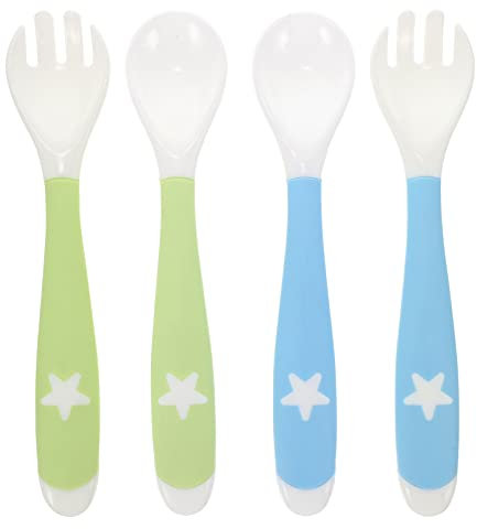 Gogogmee 4 pièces Couverts Courbés pour Garçon Fille Cuillères et Fourchettes Ergonomiques pour Apprentissage de Alimentation pour Garçon Fille Qui Commencent à Manger Solide Vert et Bleu
