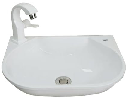 Pared Lavabo de Resina con Kit de Montaje y Para Trampa, Lavabo Pila para Lavadero 42x30x14 cm, Blanco (E - Grifos Plástico,Blanco)