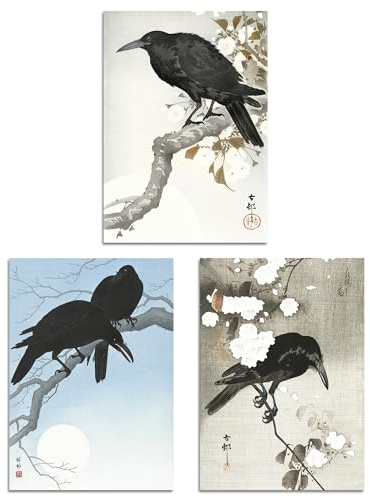 Artery8 Set of 3 Ohara Koson Crows Black White Blue Japanese Wall Art Prints A3 Size Living Room Decor