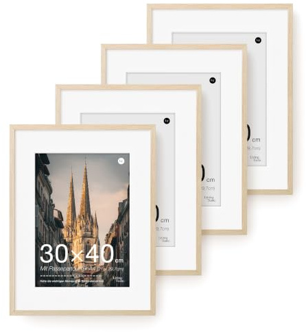 LIVINGTASTE 4 Stück Bilderrahmen 30×40 cm MDF Holz Eiche Natur | Rahmen mit Passepartout für A4 (21 x 29，7 cm) Acrylglas Front Fotorahmen für Fotos und Poster für Wohnzimmer Kinderzimmer