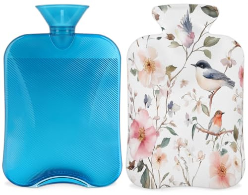 Mexpekil Watercolor Flower Floral Birds Hot Water Bottle with Cover, 2L PVC Hot Water Bag for Pain Relief, Feet, Back, Warmth