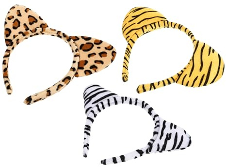 FONDOTIN 3 Stück Teiliges Plüsch Tierohren Haarband mit Leoparden Zebra Tigerdesign Weiche Haarschmuck Stirnbänder für Kostüm party Halloween Cosplay und Kinderfest