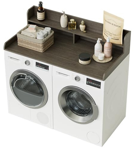 Apetaccat Plan de Travail à 2 Niveaux pour Machine à Laver et sèche-Linge, Organisation et Rangement pour buanderie, Plan de Travail en Bois pour Machine à Laver et sèche-Linge, Gris