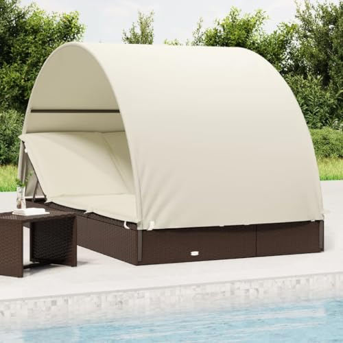 ZQQLVOO 2-Personen-Sonnenliege mit rundem Dach aus PE-Rattan und Stahlrahmen, Braun, 211x112x140 cm, verstellbare Sitzfläche, witterungsbeständige Gartenmöbel für Pool, Balkon