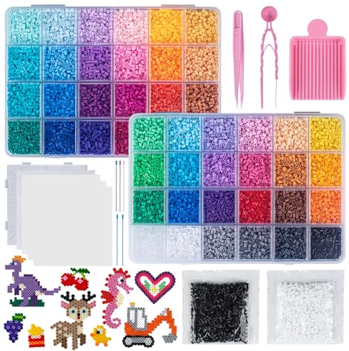 Lot de 26 000 perles à repasser - 2,6 mm - 48 couleurs - Avec boîte de rangement - Kit de perles enfichables 3D - Idée de cadeau pour enfants et loisirs créatifs - Avec plaques et accessoires