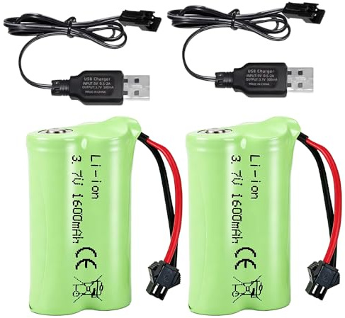 2 Stück 3,7V 1600mAh Wiederaufladbar Li-ion Akku mit SM-2P Stecker und USB Ladegerät, Li-ion Batterie für RC Autos, Boote, Panzer, Roboter