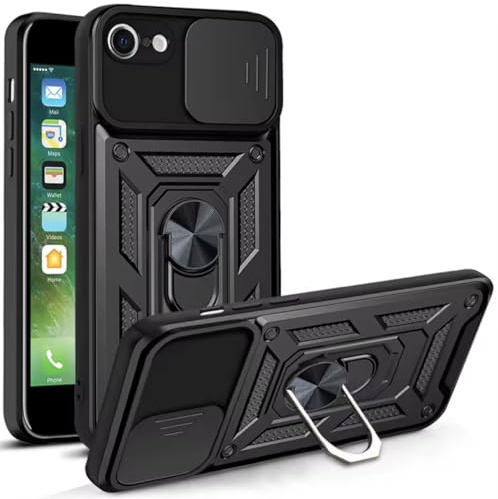 Silicone Case for iPhone SE 2020/2022, iPhone 8/7, Armor,Shockproof, Camera Lens protectors, Ring Holder,kickstand,Antiskid Phone Cover for iPhone SE 2nd/3rd/7/8 (Black -Slide Camera With Ring)