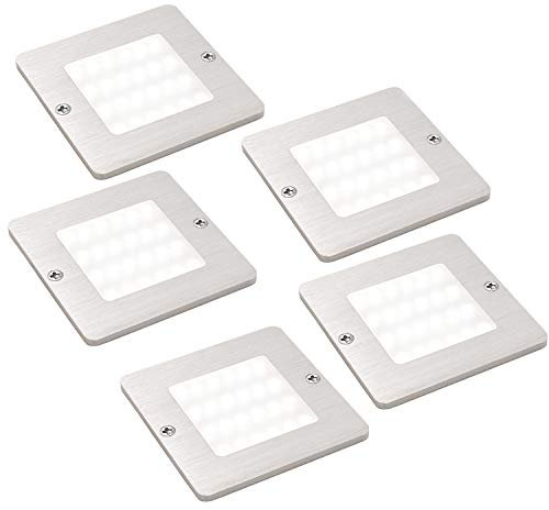 5 Pack | 5W LED Square Under Cabinet Kitchen Spotlights & Driver Kit | Aluminium & Natural White | Low Profile Slim Surface Mounted Lighting Fittings | Counter Worktop Unit Down Lights | Loops
