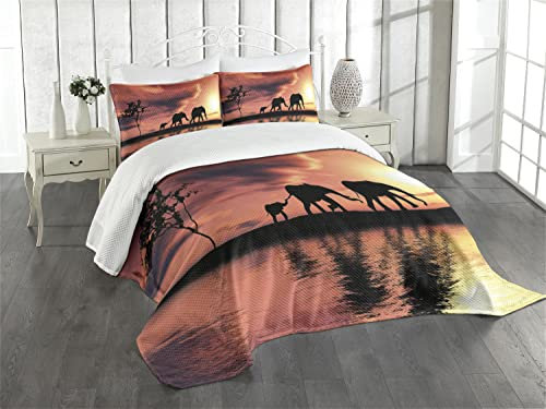 ABAKUHAUS Elefant Tagesdecke Set, Safari Wild Animals, Set mit Kissenbezug Weicher Stoff, für Einzelbetten 170 x 220 cm, Dunkles Korallen gelbes Siegel braun
