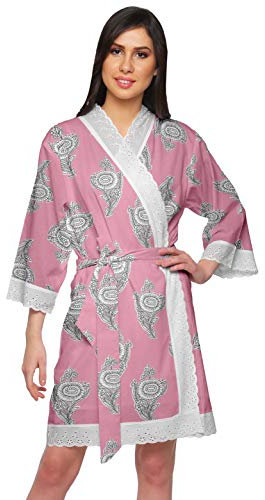 Moomaya Short Printed Crossover Kimono Robes for Girls Nightwear Dressing Gown Rose Pink