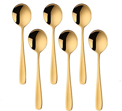 BISDARUN Suppenlöffel rund 6er Set gold Menuelöffel 18/10 Edelstahl Tafellöffel 17,5cm Länge 4,5cm Breite