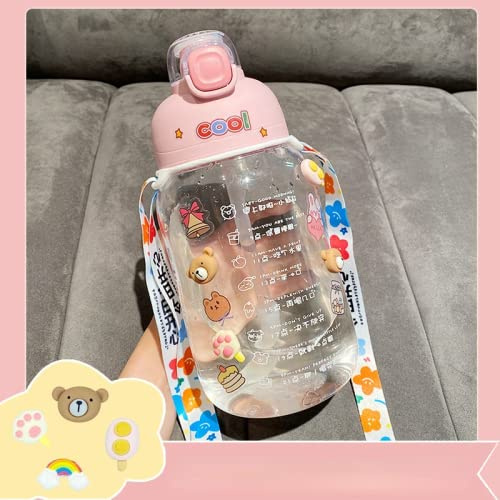 A/A Gourde Kawaii avec autocollant 3D - Grande capacité - Bouteille de sport avec paille et sangle - En plastique - 1,2 l - Rose