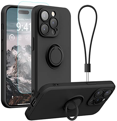 pcgaga Silicone Phone Case for iPhone 14 Pro with Screen Protector [Ring Holder Stand] [Wrist Strap] [Microfiber Lining] Slim Shockproof Protective Cover, 6.1 Inch, Black