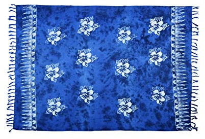 SAIVONA Pareo Sarong Strandtuch Damen - Wickelrock Strand - Handtuch Blickdicht als Wickeltuch oder Handtuchkleid und Wickelkleid Damen - Handarbeit aus Fair Trade Herstellung Batik Blau Blume