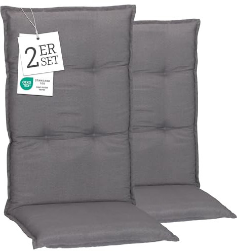 Beo Hochlehner-Auflagen 2er Set Wasserabweisend Turin | Made in EU Premium-Qualität | Gartenstuhl-Auflagen UV-beständig und fleckenabweisend | Atmungsaktive Stuhlauflagen Hochlehner in Grau