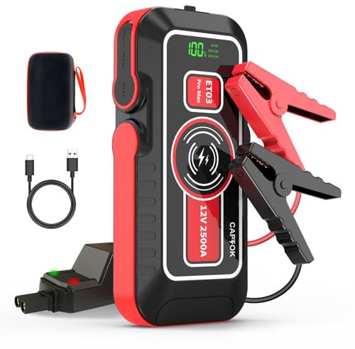 CAPTOK Starthilfe Powerbank 2500A 21800mAh Mit 15W Drahtlosem Ladegerät 12V (8,0L Gas, 6,0L Diesel) Auto Booster, LED-Anzeige, QC 3.0, LED-Taschenlampe