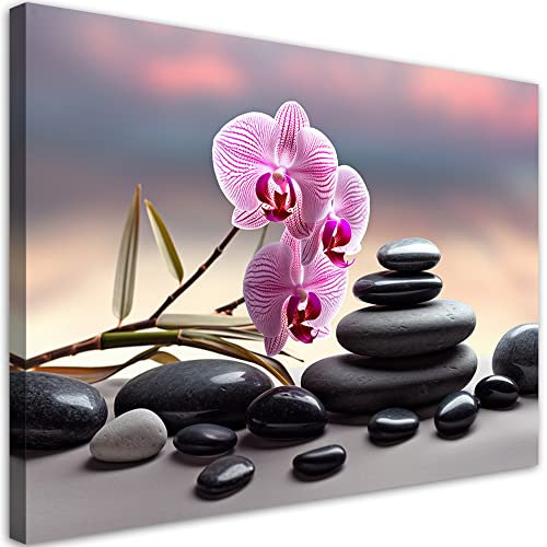 Feeby Impression sur Toile Intissee Galets Zen Spa 45x30 cm 1 pièces Tableaux Image Déco Murale Artistique Photographie Design Salon Bureau Couloir Hôtel Spa Orchidée violet
