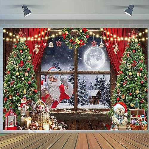 2.1x1.5m Telón de Fondo Navidad Árbol de Navidad Rústico Ventana de Madera Luna Noche Santa Claus Escena de Nieve Fotografía Fondo Familia Invierno Vacaciones Año Nuevo Fiesta Banner Decoraciones