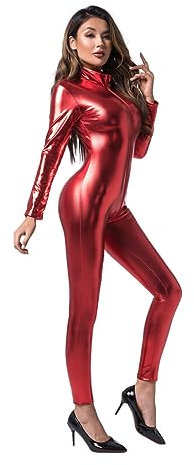 Yaaapiy Combinaison moulante en cuir pour femme - Paillettes - Catsuit brillant - Costume rave, fête, Halloween, discothèque, cosplay, effet mouillé, clubwear - Fermeture éclair une pièce, rouge, M
