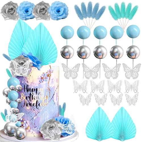 JeVenis Blau Acryl Minimalistische Kunst Lady Face Kuchen Topper, Tortendeko Blumen Golden, Kugeln, Hochzeit Cupcake Topper