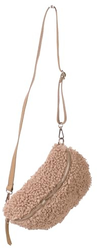 FASHION YOU WANT Teddy Plüsch Hüfttasche Damen Gürteltasche für Festival Reise Bauchtasche mittelgroße Crossbody Bag Frauen mit echt Leder Schultergurt Maße 27x16cm (Dunkelbeige RFS Gold)