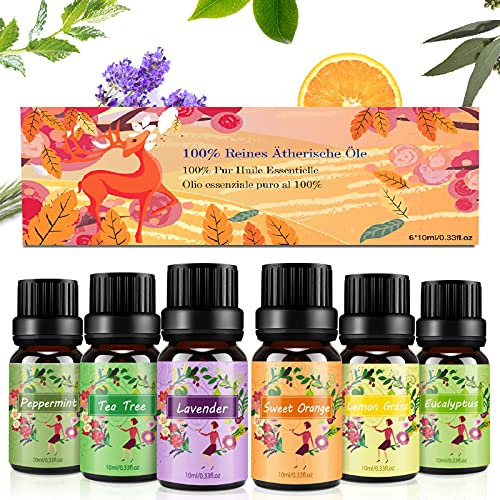 Set de Aceites Esenciales para Difusor,100% Natural Puro Aromaterapia Aceite Aromático,6 x 10 ml Essential Oils Set para humidificadores, lámparas de fragancia, jabón,SPA,Masaje