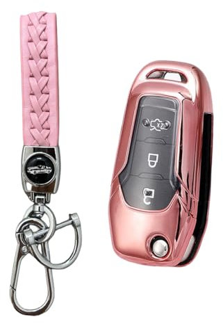 MEDZUK Coque Clé Compatible avec Ford Fiesta MK8 St Line 2018-2024 2025 Coque de Protection pour clé de Voiture TPU, Accessoire Étui pour Clés avec Porte-clés (Rose)