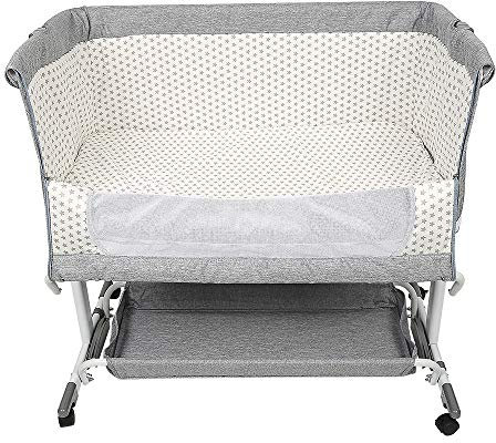 Cododo 3-in-1-Babybett mit Matratze und Moskitonetz, Höhenverstellung, mobile Babywiege für Neugeborene/Kleinkinder, Beistellbett mit Aufbewahrungskorb (95 x 58 x 74 – 90 cm, grau)