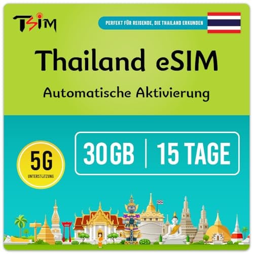 TSIM Thailand eSIM-Karte 15 Tage 30GB | Lokale Nummer + CallHome | Auto-Aktivierung | 5G AIS-Netzwerk mit Tethering/Hotspot/Internet-Sharing