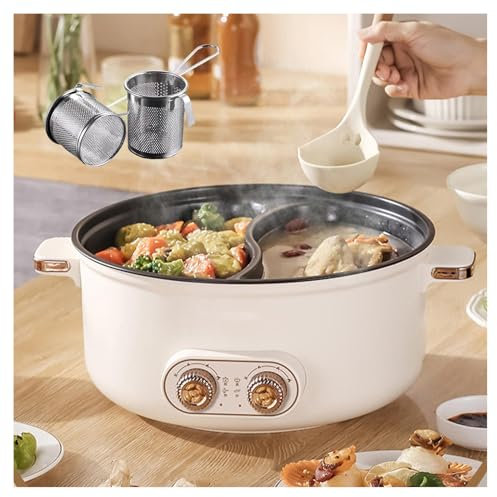 HJXBD888 Faitout 2 Compartiment, Double Interrupteur de Commande Multi-Fonctions Feu à Trois Vitesses Appareil Fondue Chinoise, Convient Aux FêTes d'anniversaire (avec 2 Filets Non éTanches),7.5L