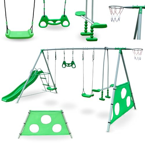 HyperMotion Swing HYP9 Parco giochi XXXL - Altalene Doppia e Singola, Scivolo, Trapezio, Cestino Basket, Scot Calcio - per 6 Bambini 3+ anni, 300 kg Max - Verde