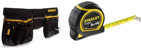 STANLEY 600 Denier Tool Belt Pouch with Multi-Pockets Storage Organiser, Tape Pocket, Hammer Loop & Tylon Tape Measure 5M/16 Inches Compact Case with Cushioned Grip Metric and Imperial System