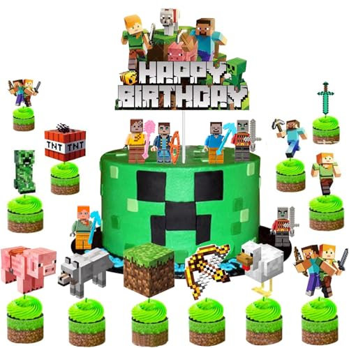 GSXNKK Pixel Cake Topper, Miner Game Cupcake Toppers,Pixel Miner Crafting Cupcake Toppers, Video Game Kuchendeko Geburtstag,Tortendeko figuren