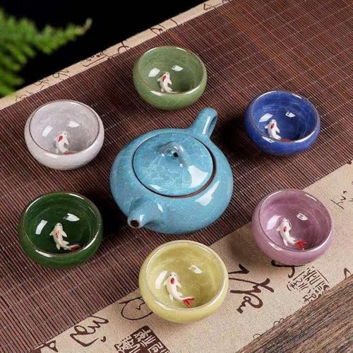 Set da tè cinese in ceramica screpolat- set da tè in ceramica Koi retrò, Set teiera e tazze Kung Fu teiera fatta a mano in porcellana e 6 tazze da tè (colorato)