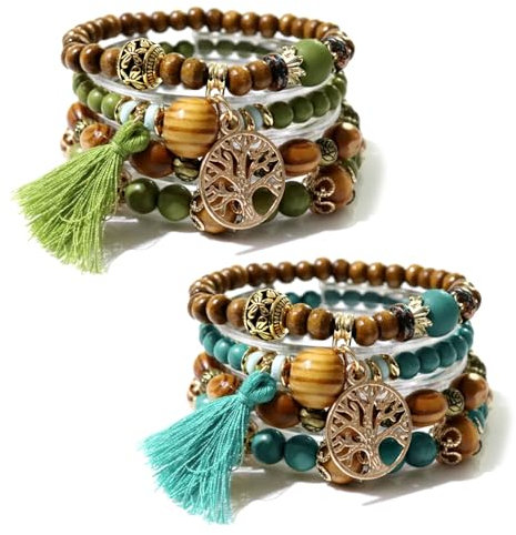 8 Pieces Wooden Bead Bracelet, Bohemian Ethnic Style With Tassel Pendant, Jewelry Gift, Elastic Design