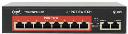 Switch POE SWPOE82 PNI, 8 porte POE da 100 Mbps e 2 porte UP Link da 100 Mbps, 120 W, funzione AI Extend fino a 250 m, protezione contro i fulmini da 4 kV