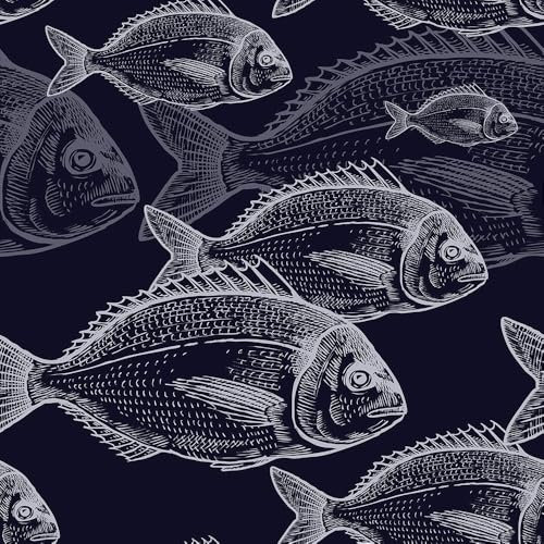 REDAMANCY Dark Navy Blue White Fish Sea Animal Abstract Peel and Stick Wallpaper Stick on Contact Paper Vintage Wall Paper Easy Peel Off for nightstand Drawer Cabinet Renter