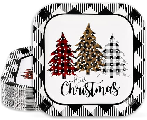 Whaline 40Pcs Merry Christmas Paper Plate Square Plaid Xmas Tree Disposable Plate White Black Checkered Dinnerware Plate 9 Inch For Winter Party Supplies Table Decor
