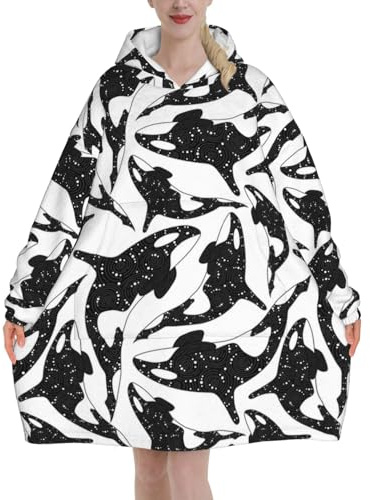 YXDVPALNE Wal Orca Killer Übergroßer tragbarer Kapuzenpullover für Damen, Flanell-Pulloverdecke, Decken-Sweatshirt