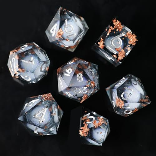 Liquid Core DND Würfel Set 7pcs, Treibsand Polyeder Kunstharz Würfel mit Scharfen Kanten für Dungeons und Dragons, RPG D20 D12 D10 D8 D6 D4 Würfel, Goldfolie Thematisch D&D Rollenspiel Würfel