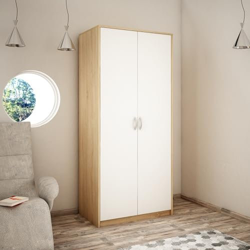 Home Collective Kleiderschrank mit 2 Türen 1 Kleiderstange 1 Einlegeboden Garderobenschrank 85 cm breit Schrank Matte Oberfläche aus laminierter Platte für Schlafzimmer Wohnzimmer Flur Sonoma weiß