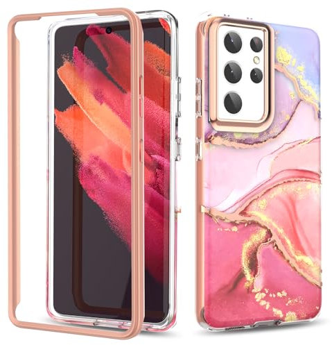 SHEDEER für Samsung S21 Ultra Hülle mit Stoßfänger [OHNE Schutzfolie], Samsung Galaxy S21 Ultra Hülle TPU Stoßfest Kratzfest, Glänzend Fade-Resistant Muster Handyhülle S21 Ultra, Rosa
