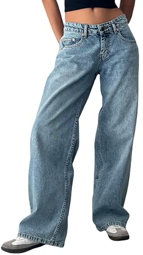 Fiacafyo Womens Y2K Low Rise Baggy Jeans Straight Wide Leg Boyfriend Trousers Casual Loose Fit Denim Pants Streetwear
