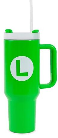 Pyramid America Super Mario Bros. Luigi Icon Reisebecher aus Metall mit auslaufsicherem Deckel und wiederverwendbarem Strohhalm, Fassungsvermögen: 1,2 l