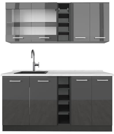Vicco Singleküche R-Line, Anthrazit Hochglanz/Anthrazit, 160 cm, AP Marmor