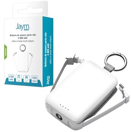 JAYM Batterie de Secours Porte-clés - 4.000 Mah - Cables USB-c Et Lightning Integrés - Lampe Torche - Blanche
