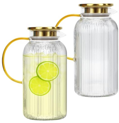 2 Liter Glass Pitcher with Lid, 2 Pack 68 oz Classic Vertical Stripes Water Pitcher,Glass Water Carafe for Cold Brew, Coffee, Lemonade, Beverage, Milk, Iced Sun Tea, Heat Resistant