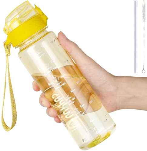 GOPPUS 500ml/17oz Kids Water Bottles with Straw Tritan Childrens Bottle with Flip Top Lid BPA Free Measured Drinks Bottle with Strap Sports Reusable Time Markings Leakproof (Transparent Yellow)