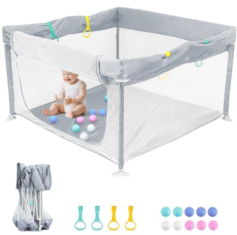 HOMGEN Laufstall Baby Faltbar 120x120cm Laufgitter mit Tragegriffe & Bälle | 210D Oxford, Metallstangen, Atmungsaktives Mesh, Abnehmbar & Waschbar, Tragbarer Reiselaufstall für Babys & Kleinkinder